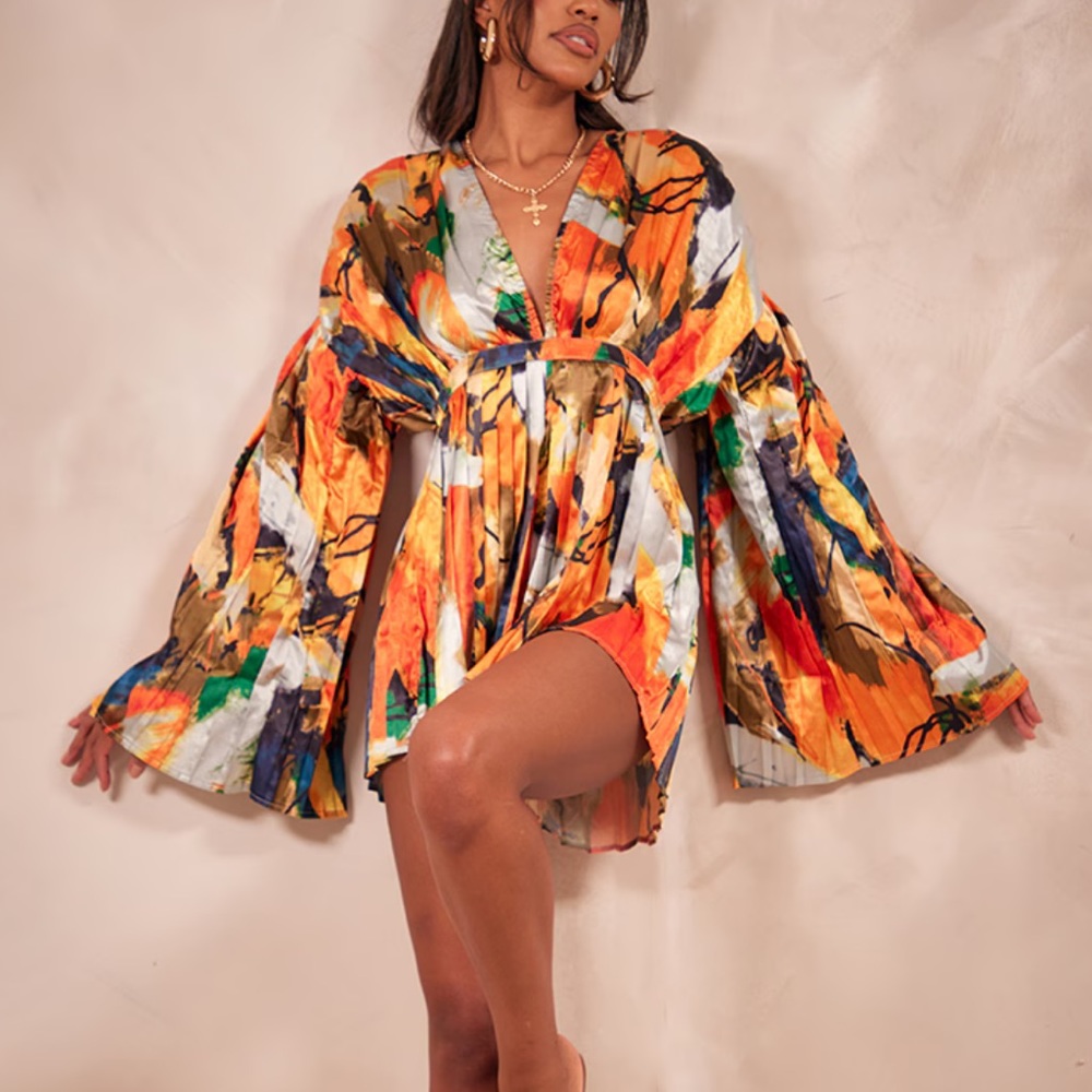 Orange Abstract Plunge Pleated Romper